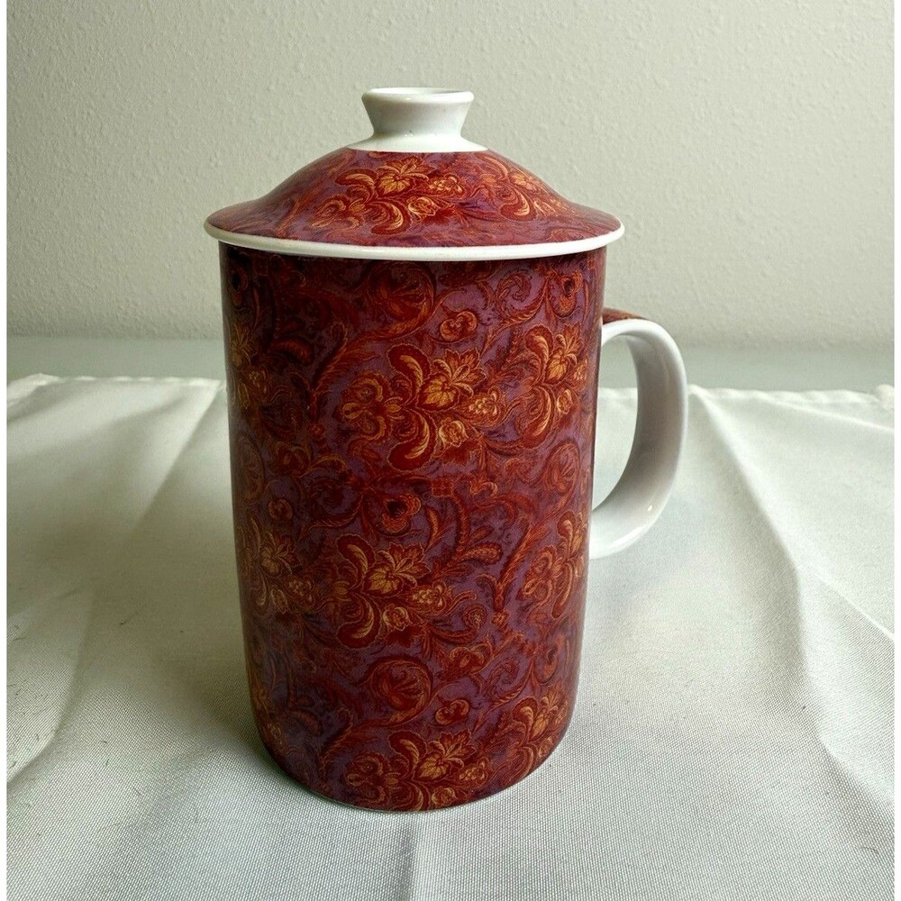 World Market Red White Floral Ceramic Coffee Mug w/ Lid Microwave Safe
